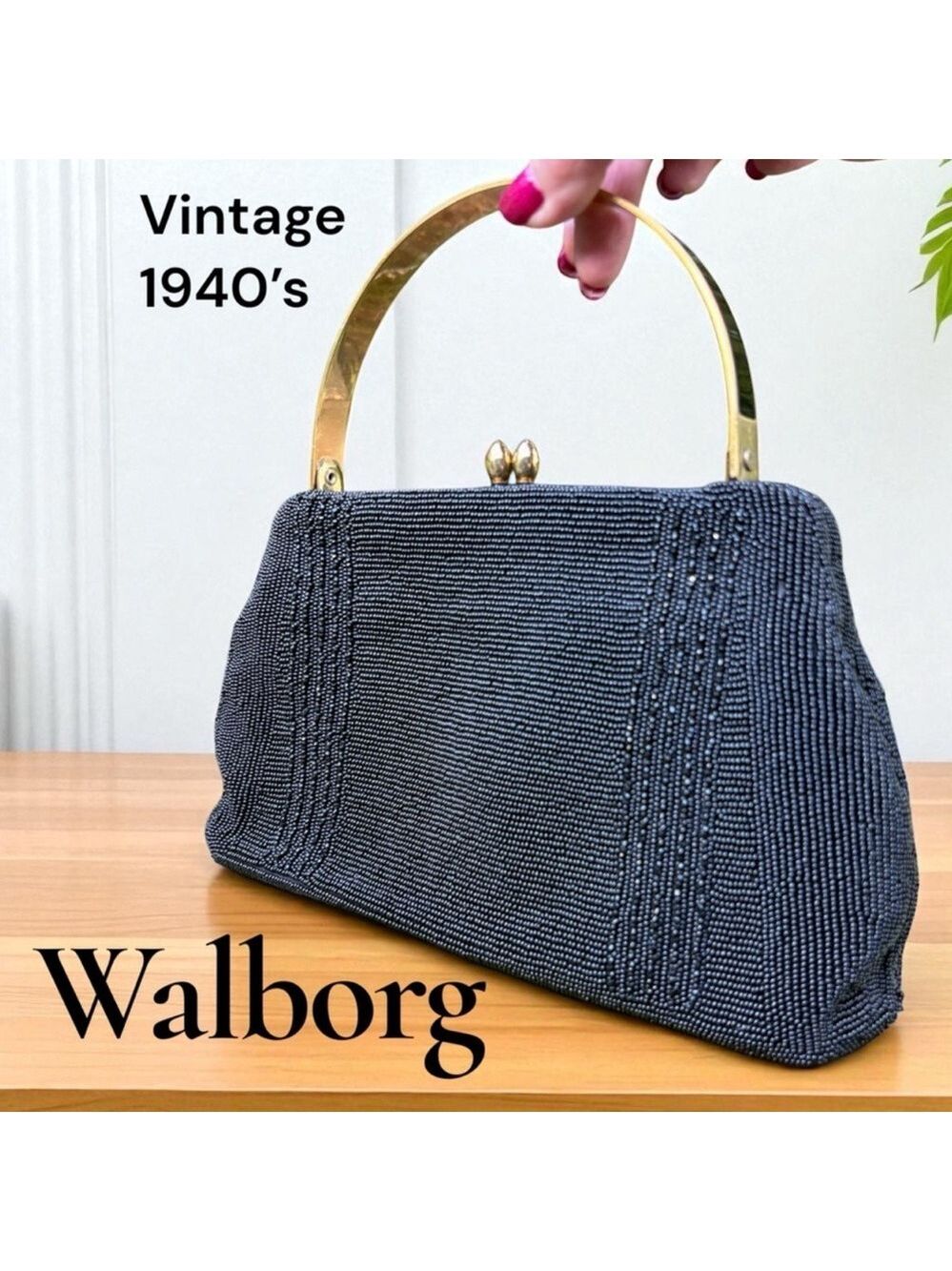 Walborg-1940’s black hand beaded bag. Made in Belgium. Silk lining/kiss lock EUC
